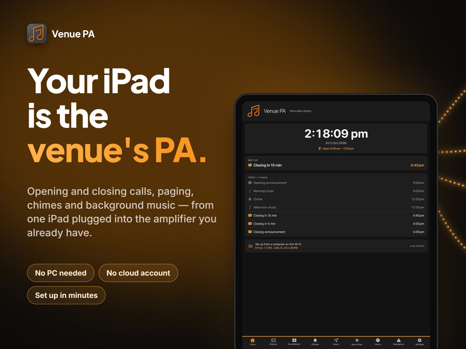 Venue PA on an iPad: today's hours, what's next and the day's announcements