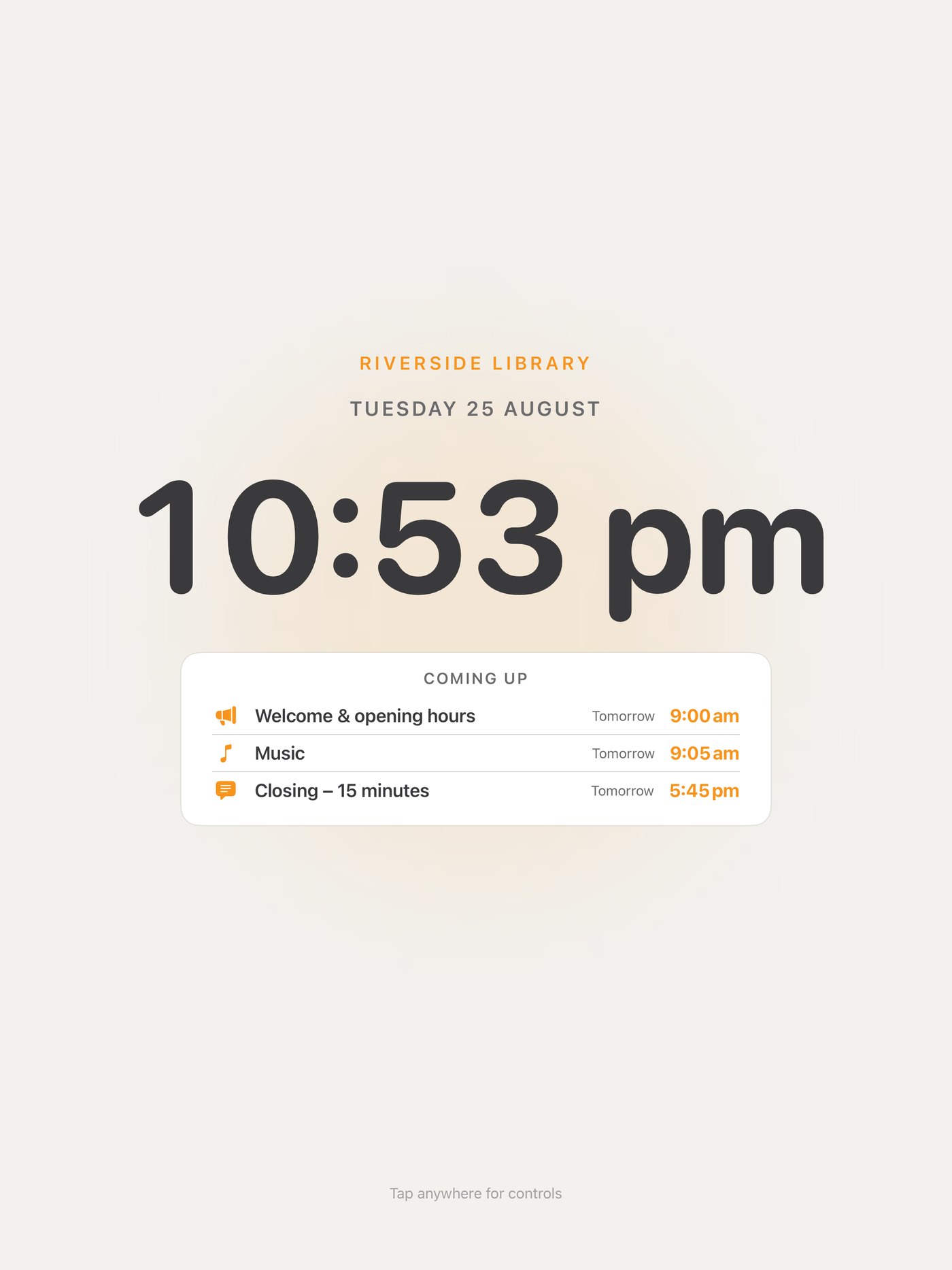 The idle venue display: your venue name, a large clock and what is coming up