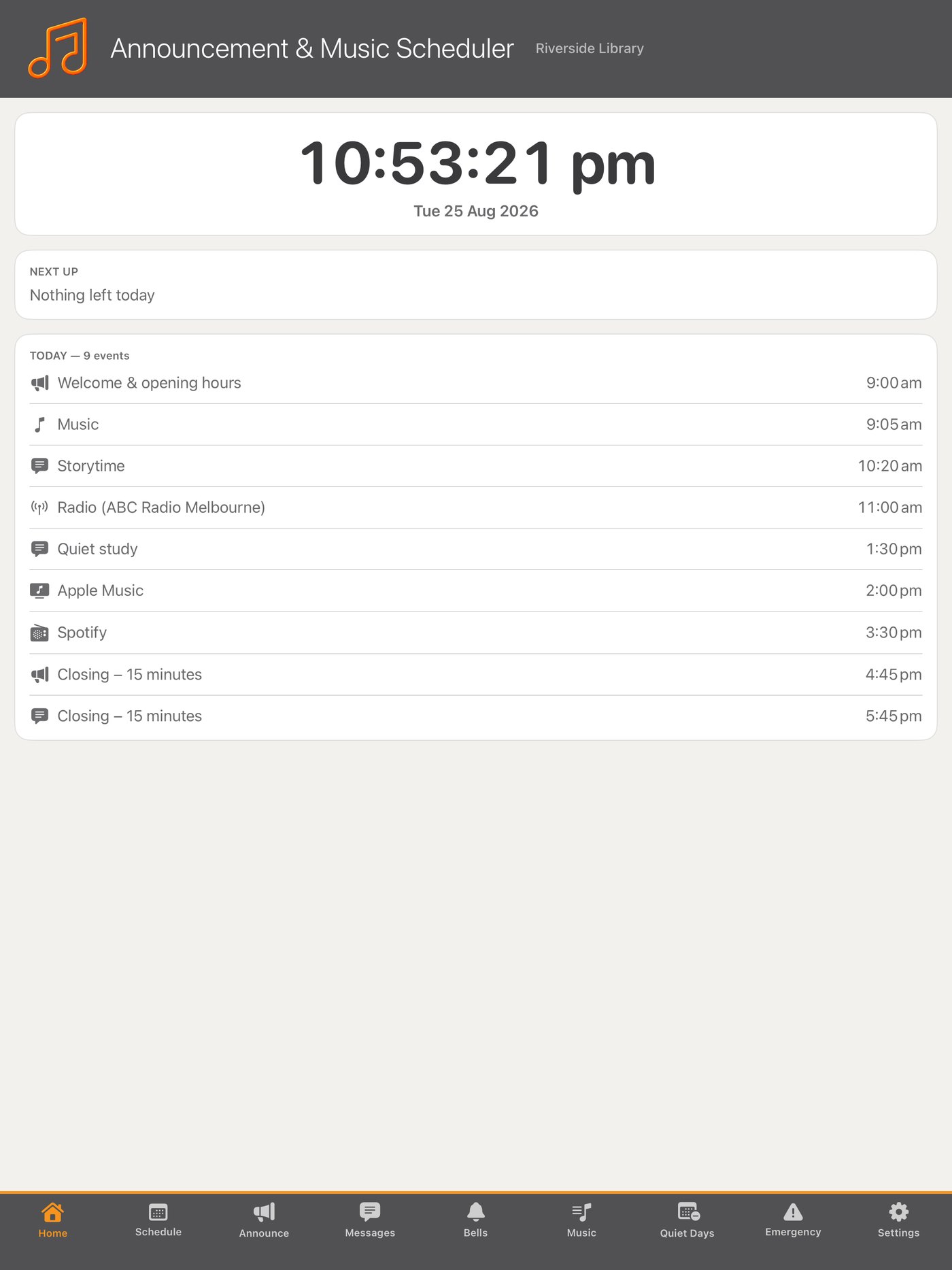 Home screen with today's events