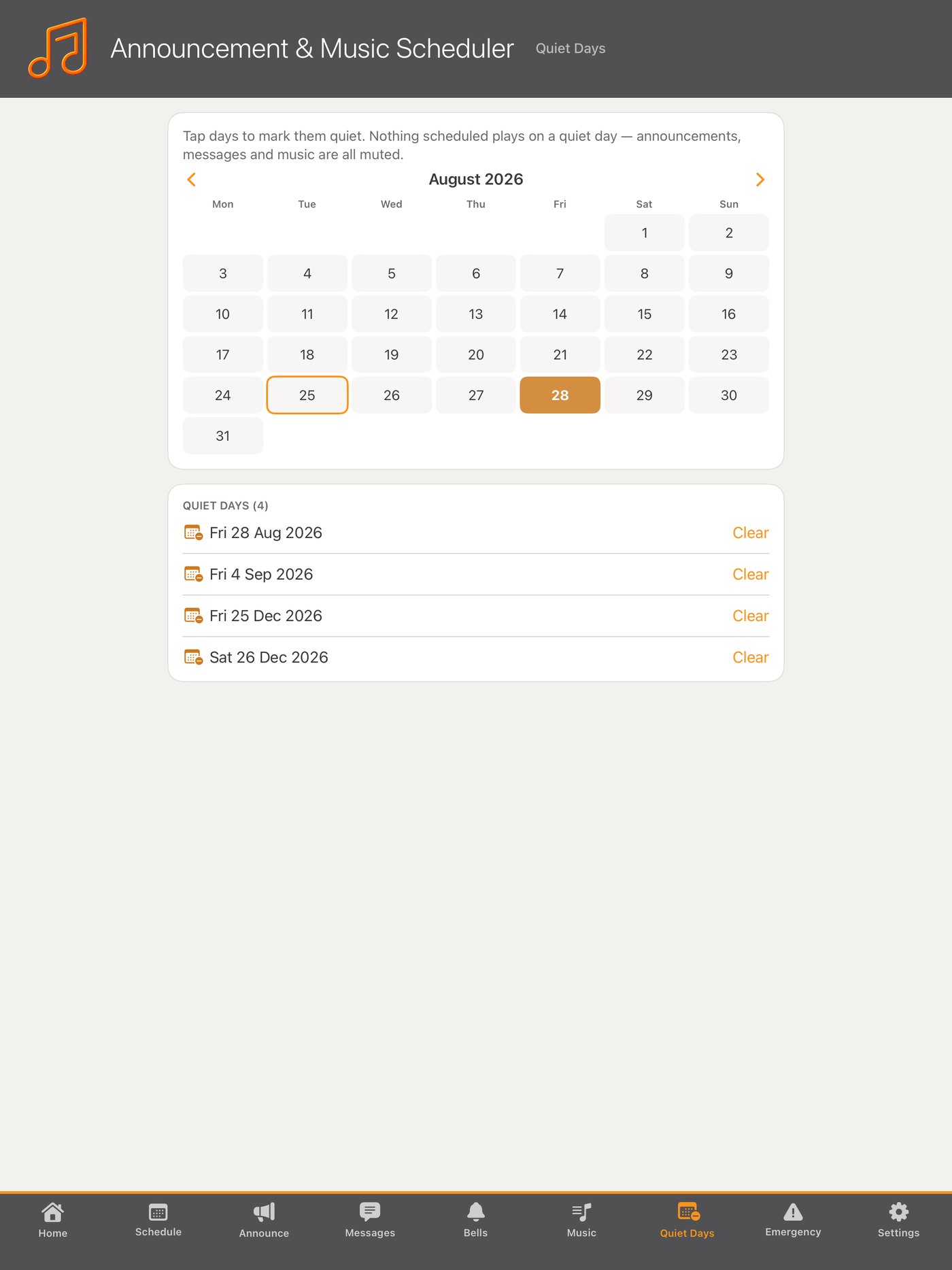 Quiet days calendar
