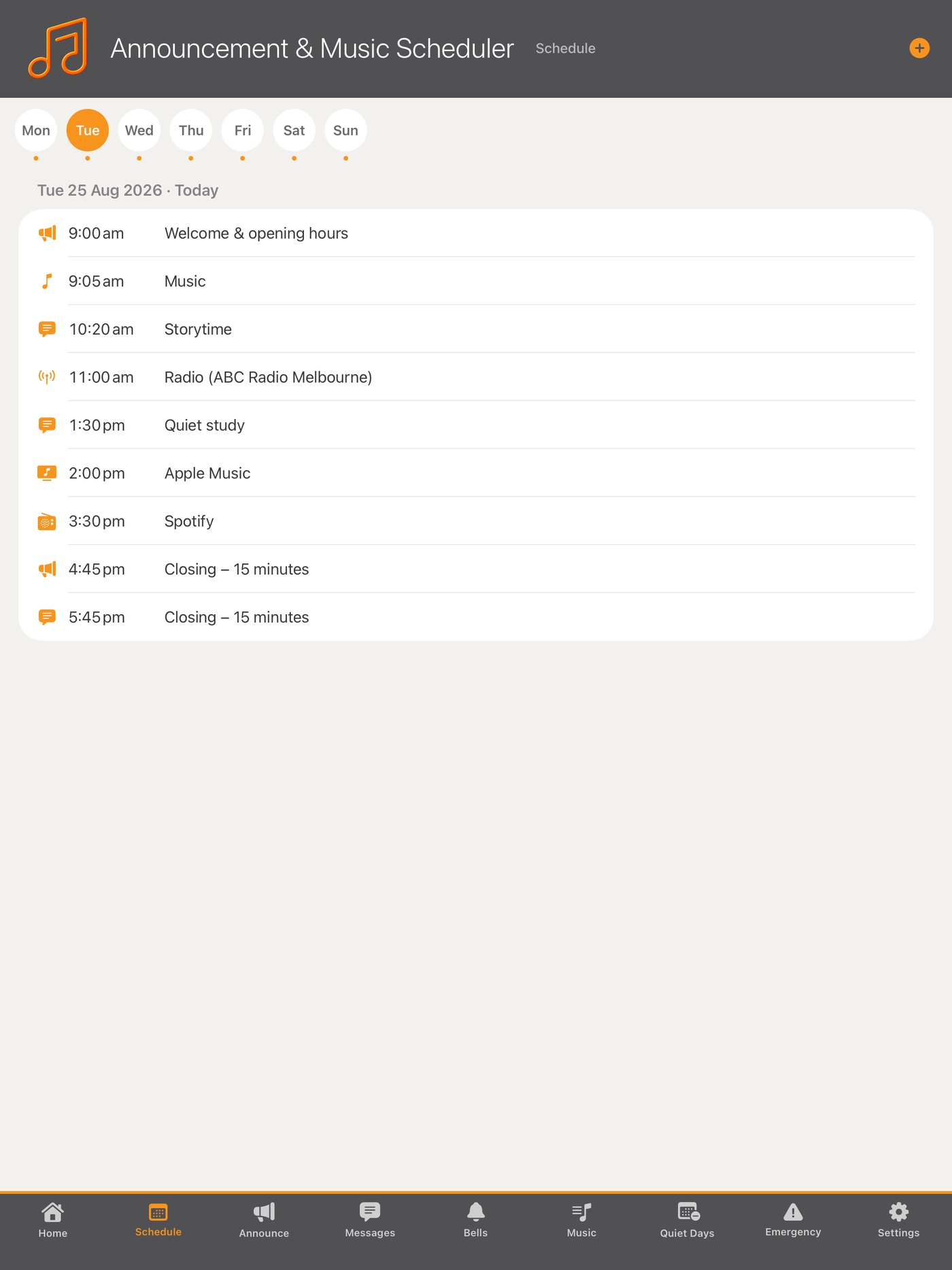 Weekly schedule
