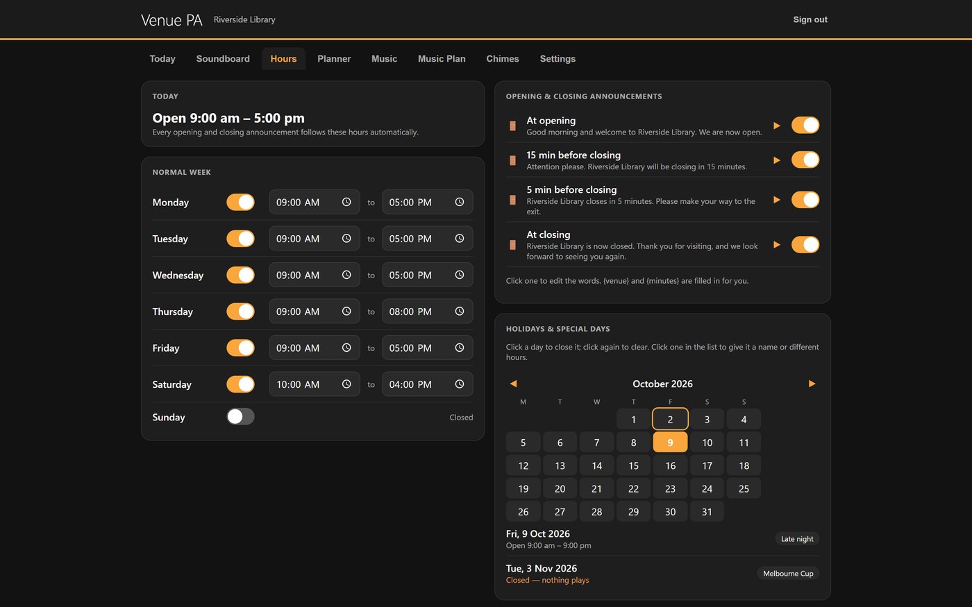 The Venue PA browser page showing the Hours tab